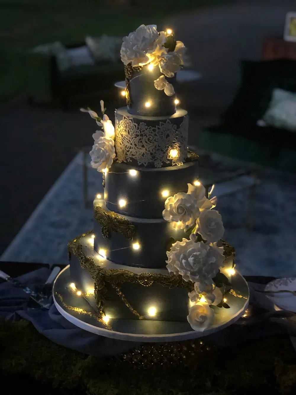 Black Wedding Cake with Lights