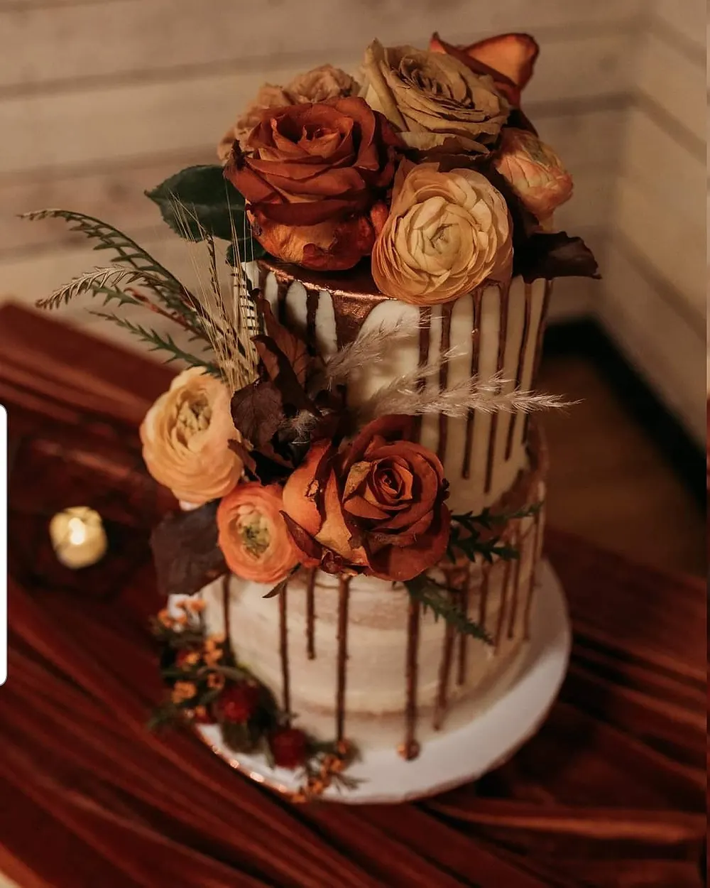 Drip Cake with Burnt Orange Flowers