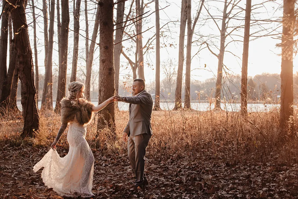 Bride and Groom Dancing in the Woods